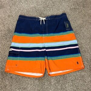 Polo Ralph Lauren Swim Trunks Men Board Shorts Orange Blue Striped, 2XLT